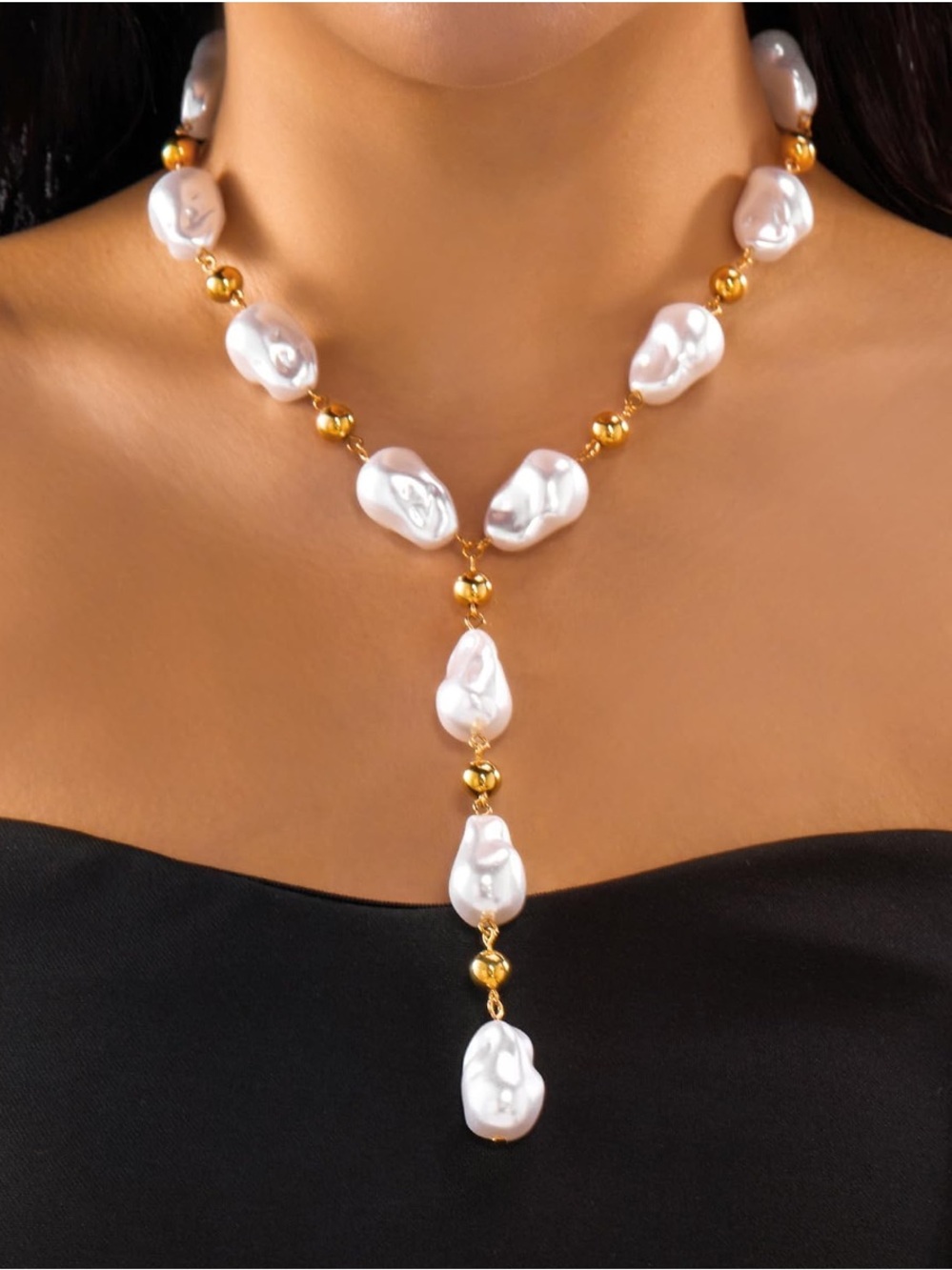 Gold & White Baroque Pearl Y-Drop Necklace